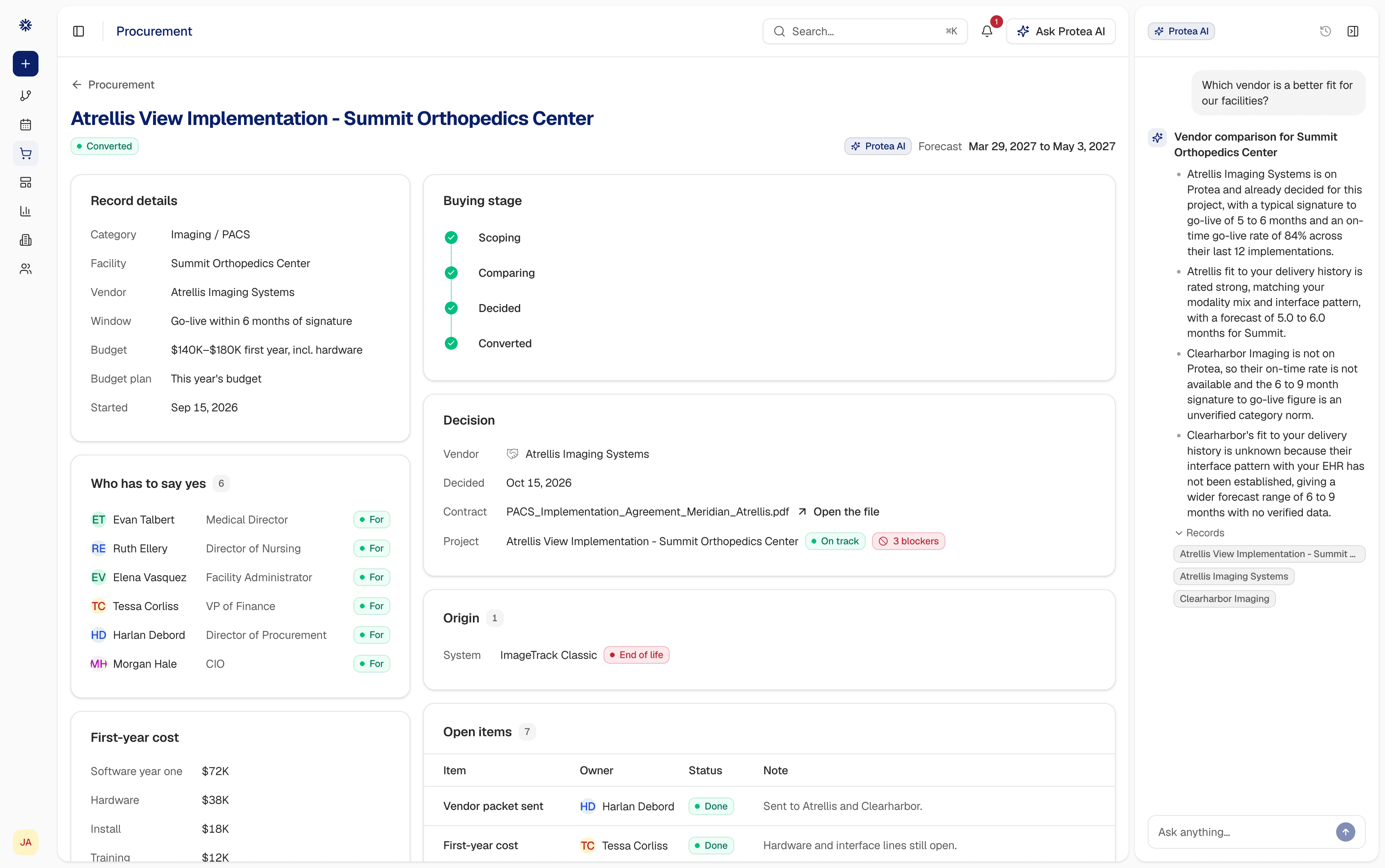 A Protea procurement record: the decision, the origin system, and two vendors compared side by side