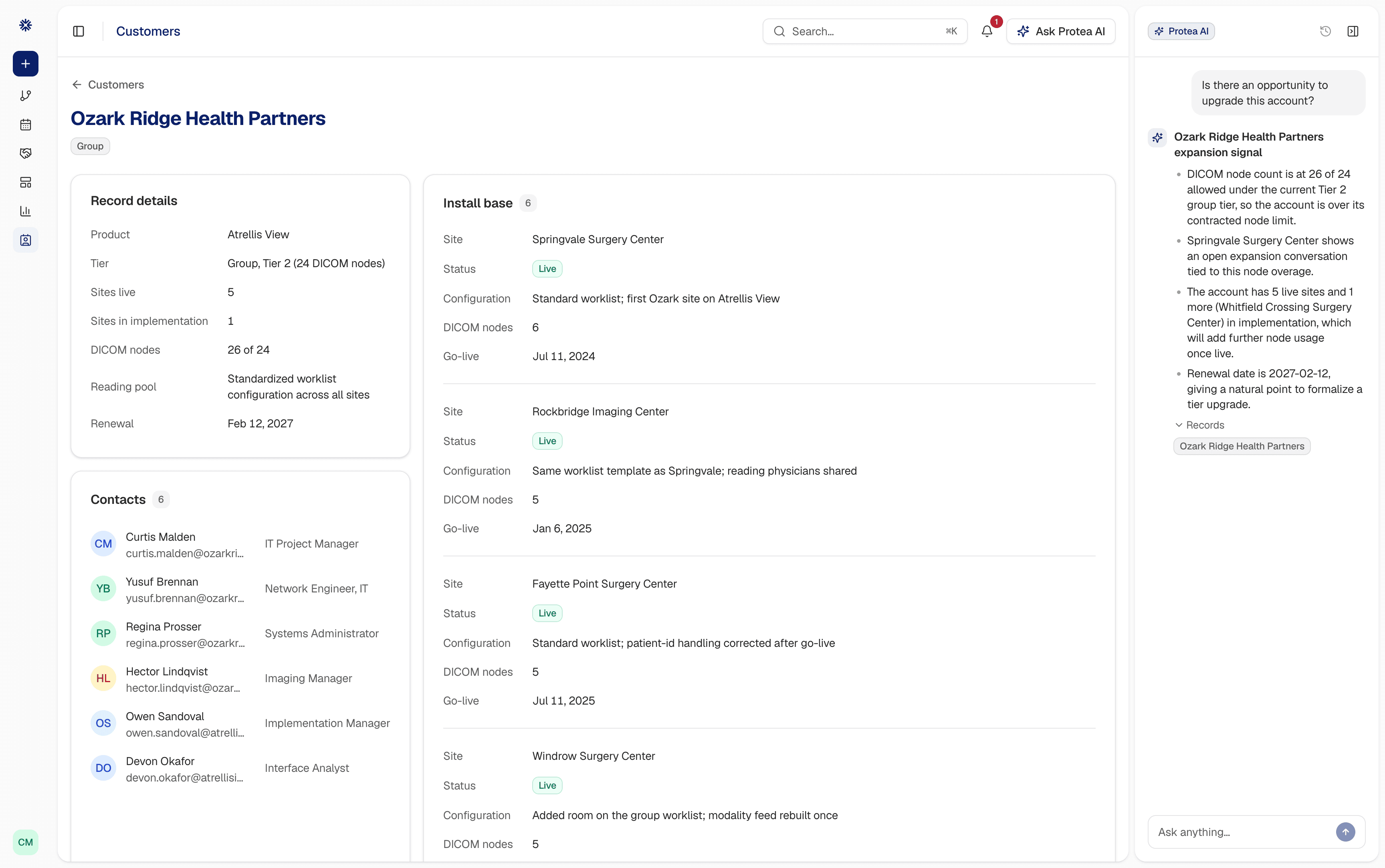 A Protea customer record: the account's tier, sites live and renewal date beside its install base, its contacts, and every project across the account with its go-live and status