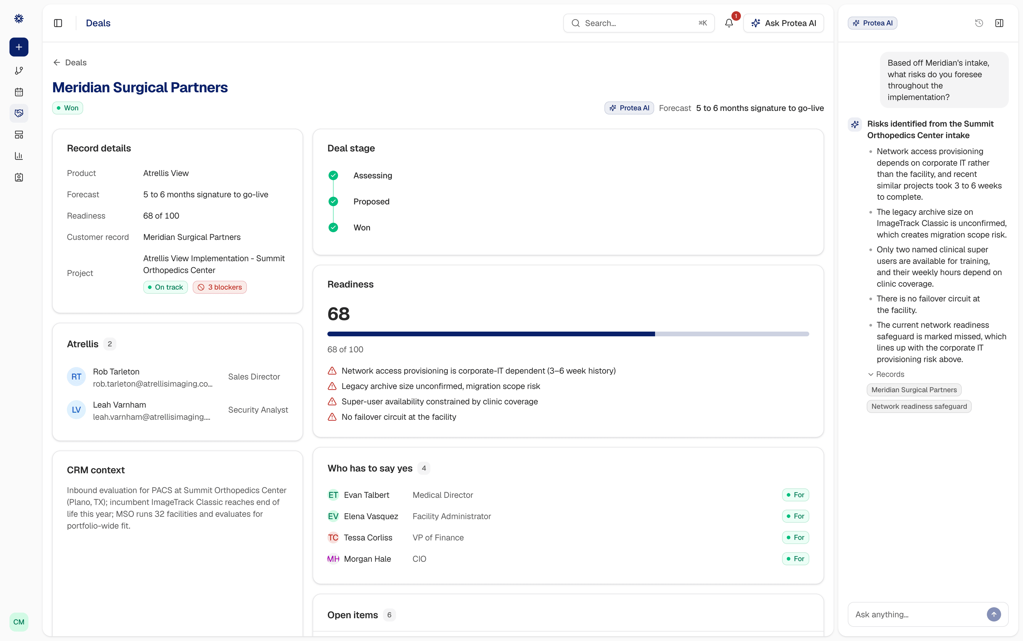 A Protea deal record: the customer and the implementation it became, a readiness score with its risks flagged, and the go-live safeguards written into the SOW