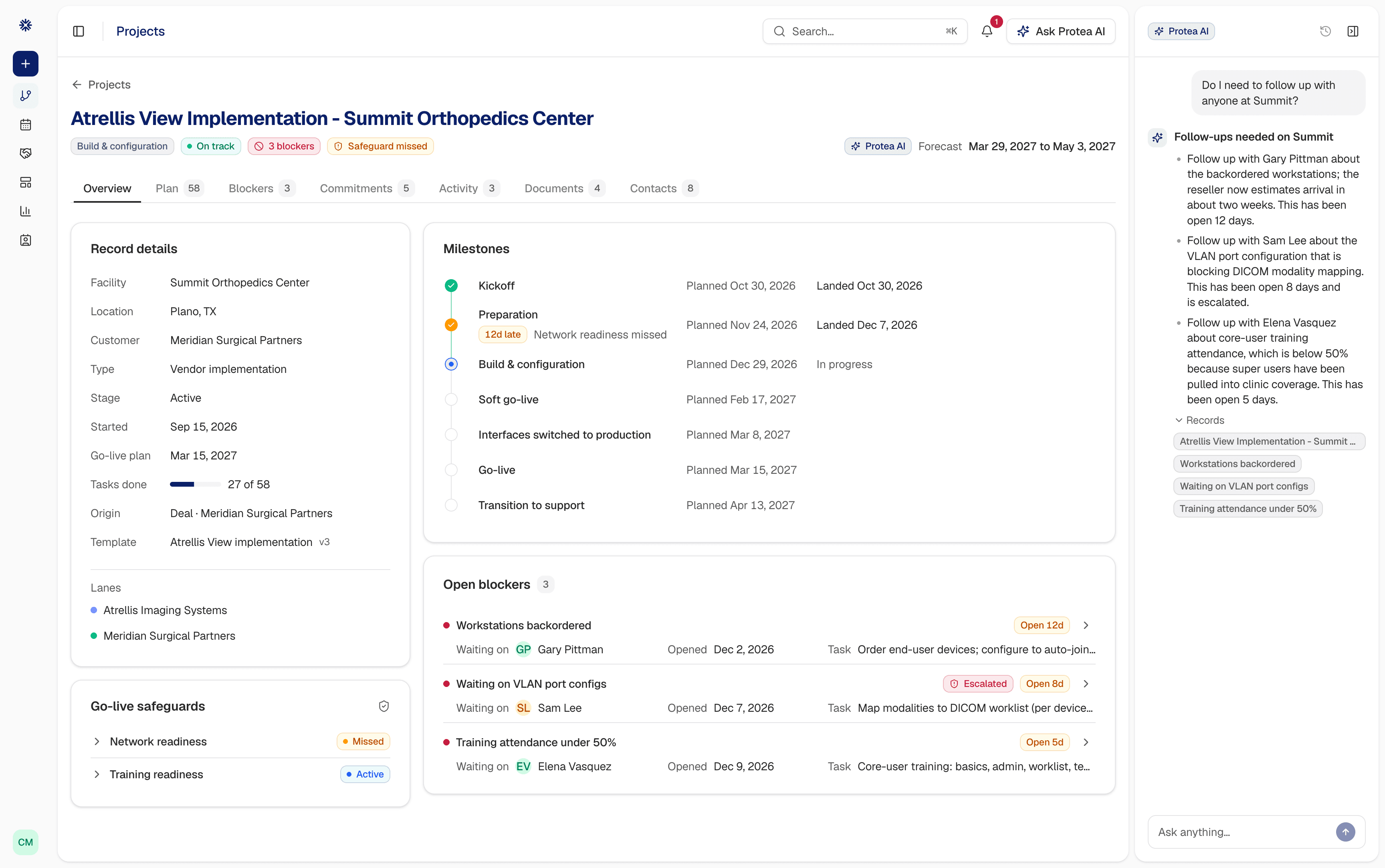 A Protea implementation record: the customer and its go-live plan, a milestone timeline with what landed late, and the blockers open on it with who each is waiting on